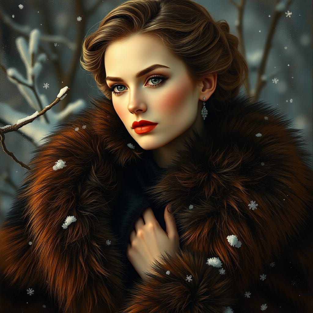 Regal Woman in Luxurious Furs, Golden Light