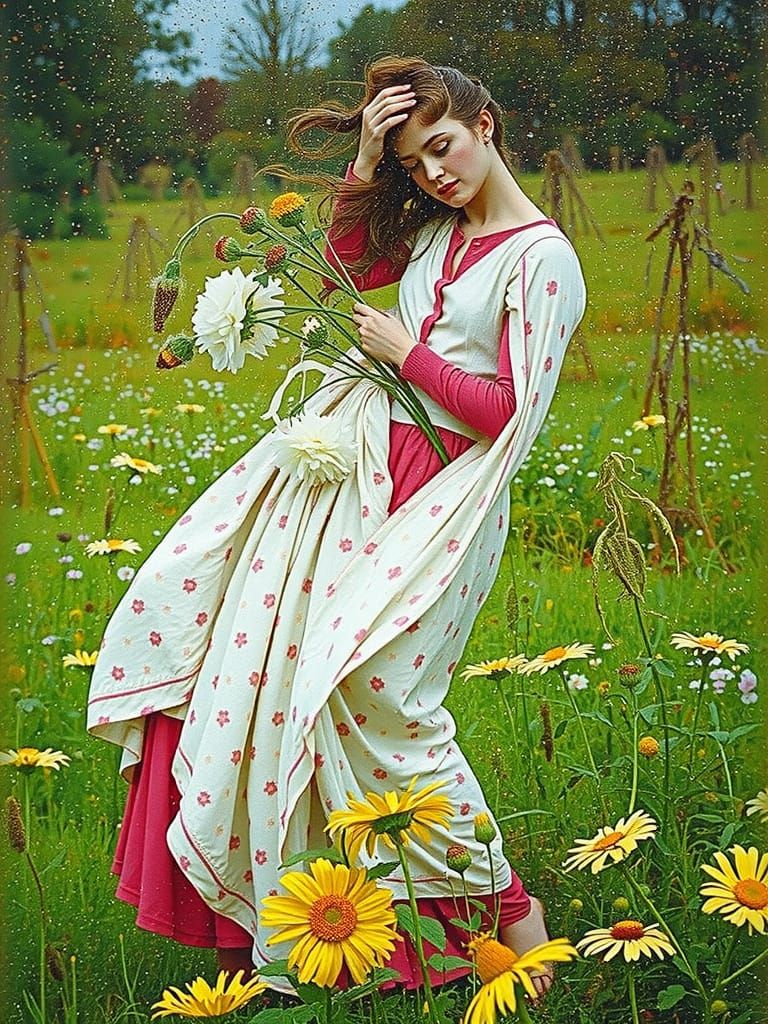 Woman in Flower Field in 19th-Century Painting Style