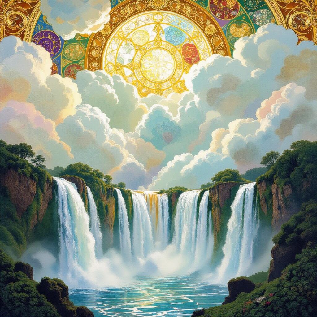 Majestic Waterfalls with Golden Art Nouveau Style