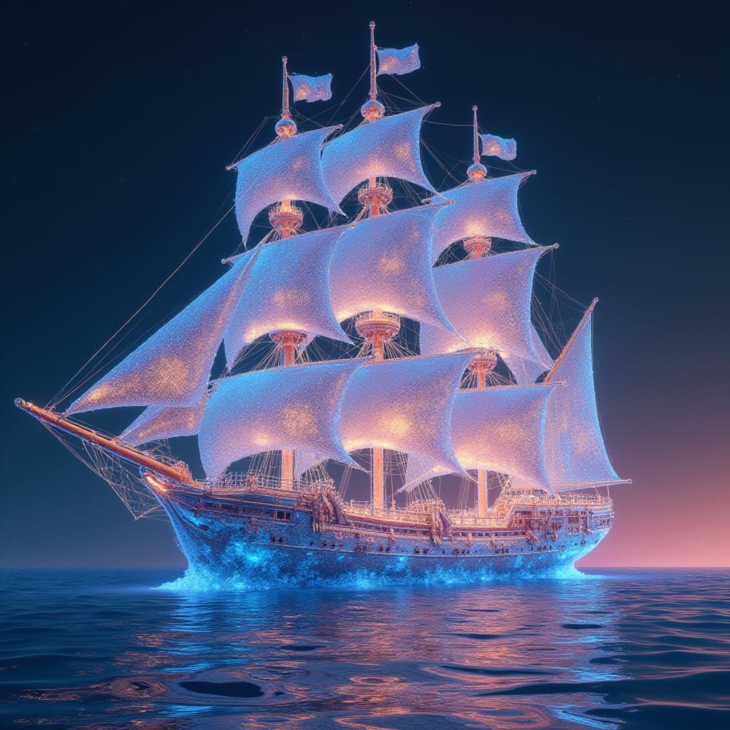 Surreal Galleon Shimmering with Iridescent Fractals in Cyber...