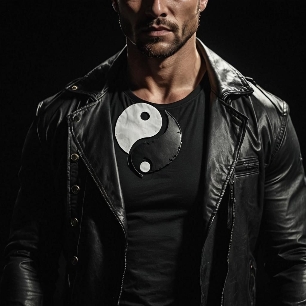 Dramatic Close-up of Muscular Chest with Yin Yang Symbol