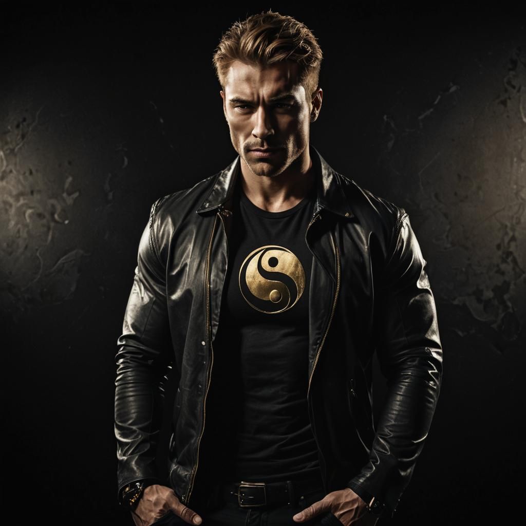 Muscular Man with Yin Yang Symbol in Film Noir Style