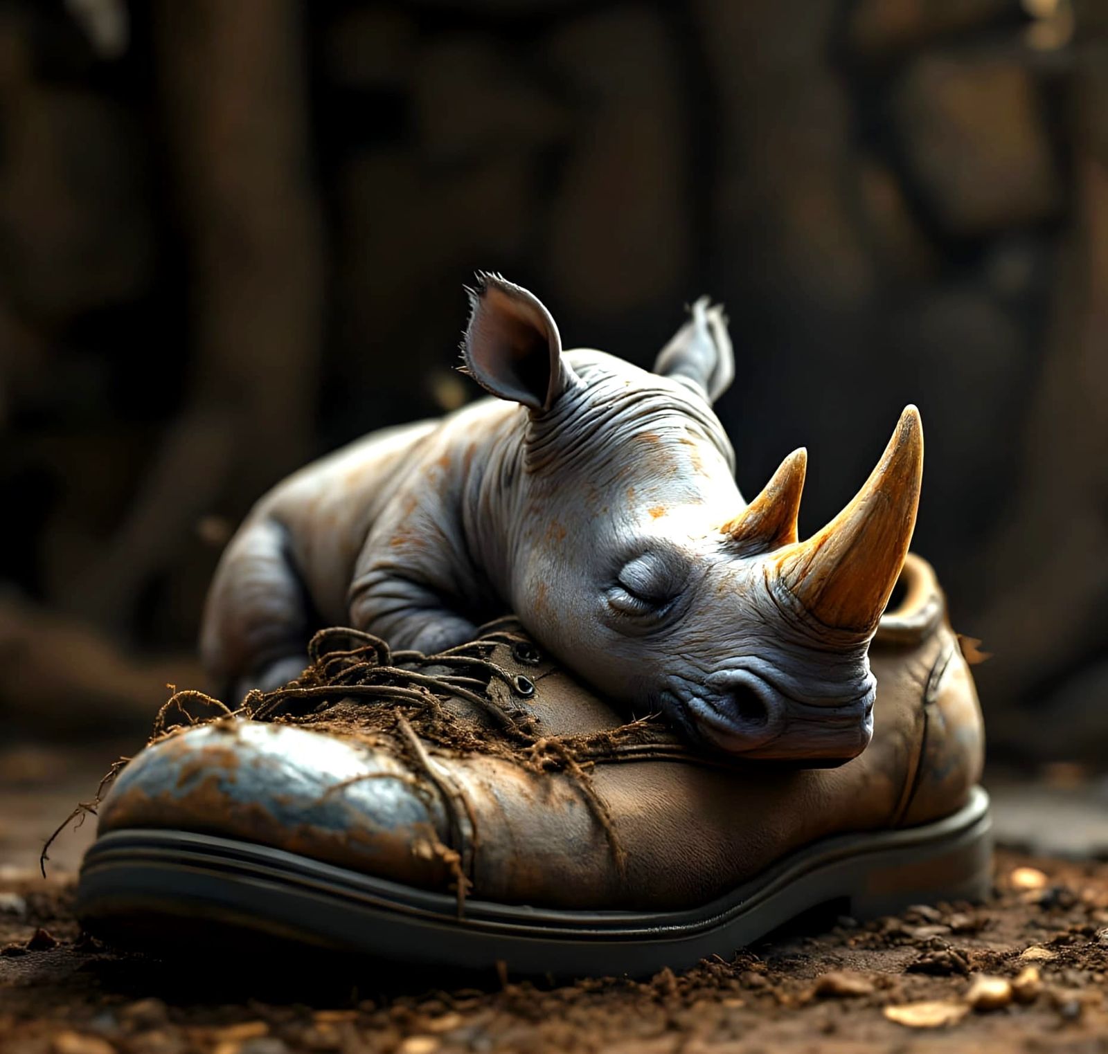 Adorable Rhino Sleeping in Shoe, Digital Pointillism