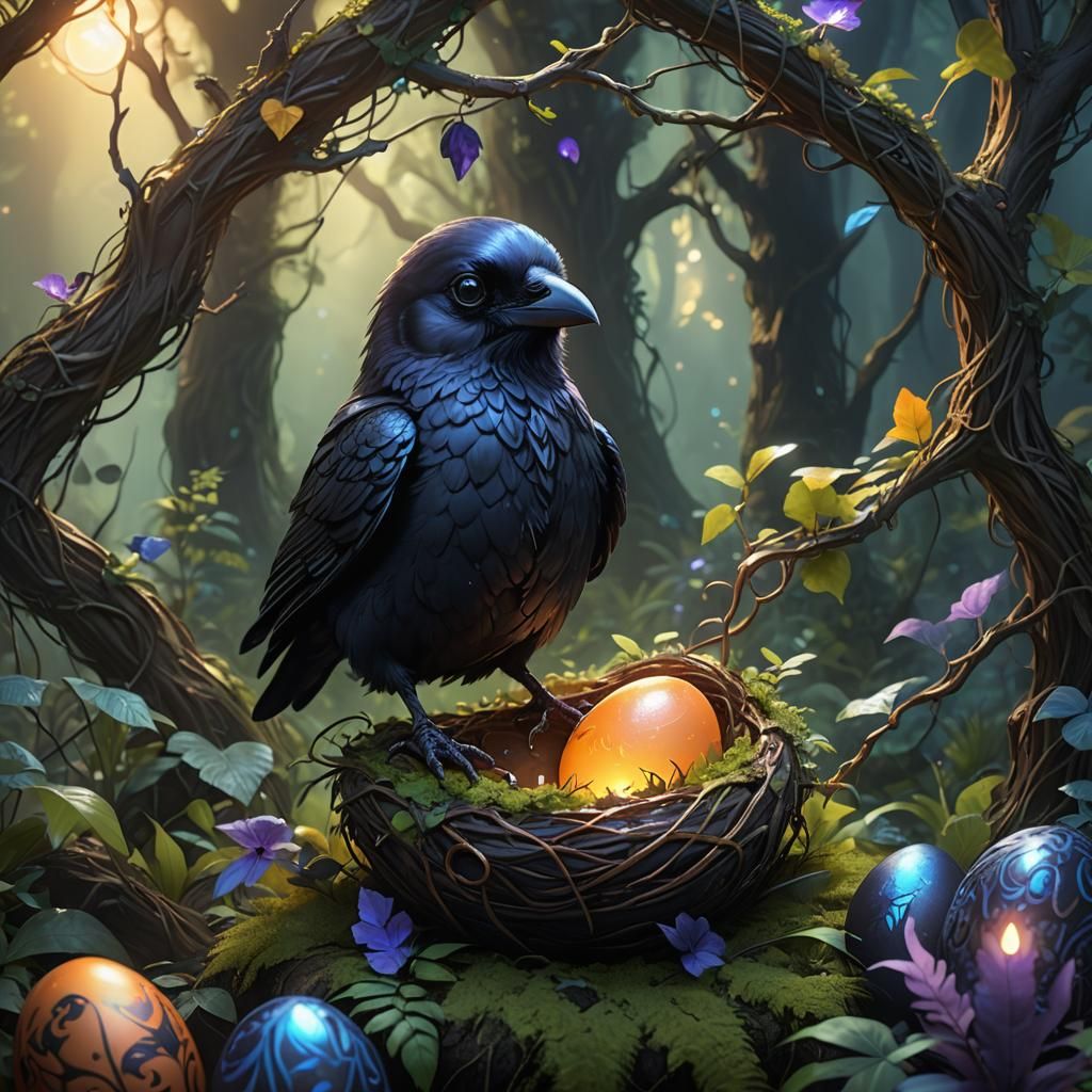 Adorable Baby Raven in Mystical Forest Concept Art
