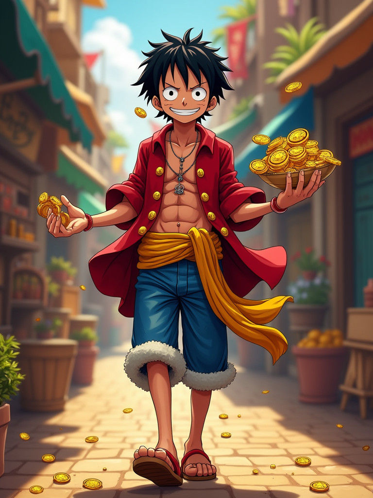 Luffy rey de los piratas, caminando por un mercado lleno de vida. Lleva monedas de oro en las manos. Su cara exprés deci...