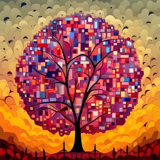 Sakura Tree Spring Sunset: Surreal Pointillist Art