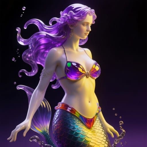 Glass Mermaid Sculpture in Romantic Multicolored Bikini