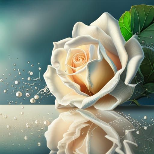 White Rose with Dewdrops Reflected in Ornate Mirror