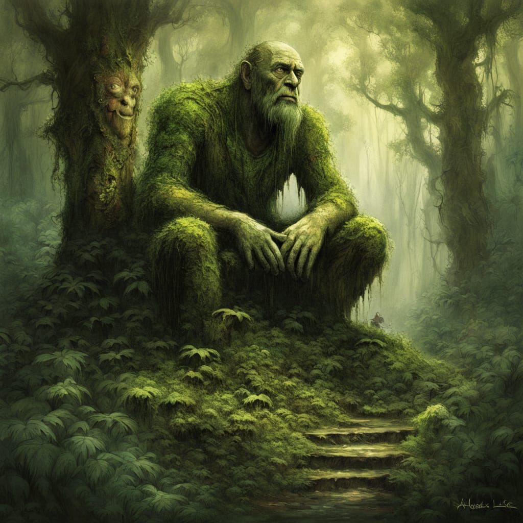 A massive ancient stone humanoid statue in a crouching thinking pose.