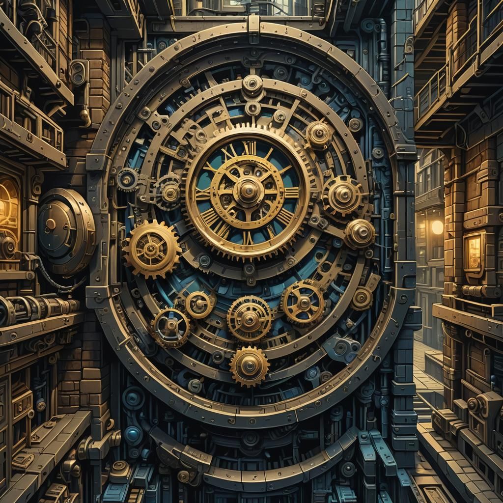 Escher-Inspired Sci-Fi Clockwork Machine in Film Noir Style
