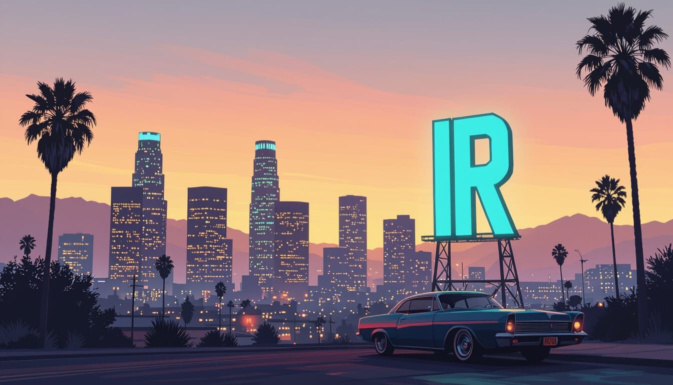 GTA V Cityscape at Sunset in Cyberpunk Style