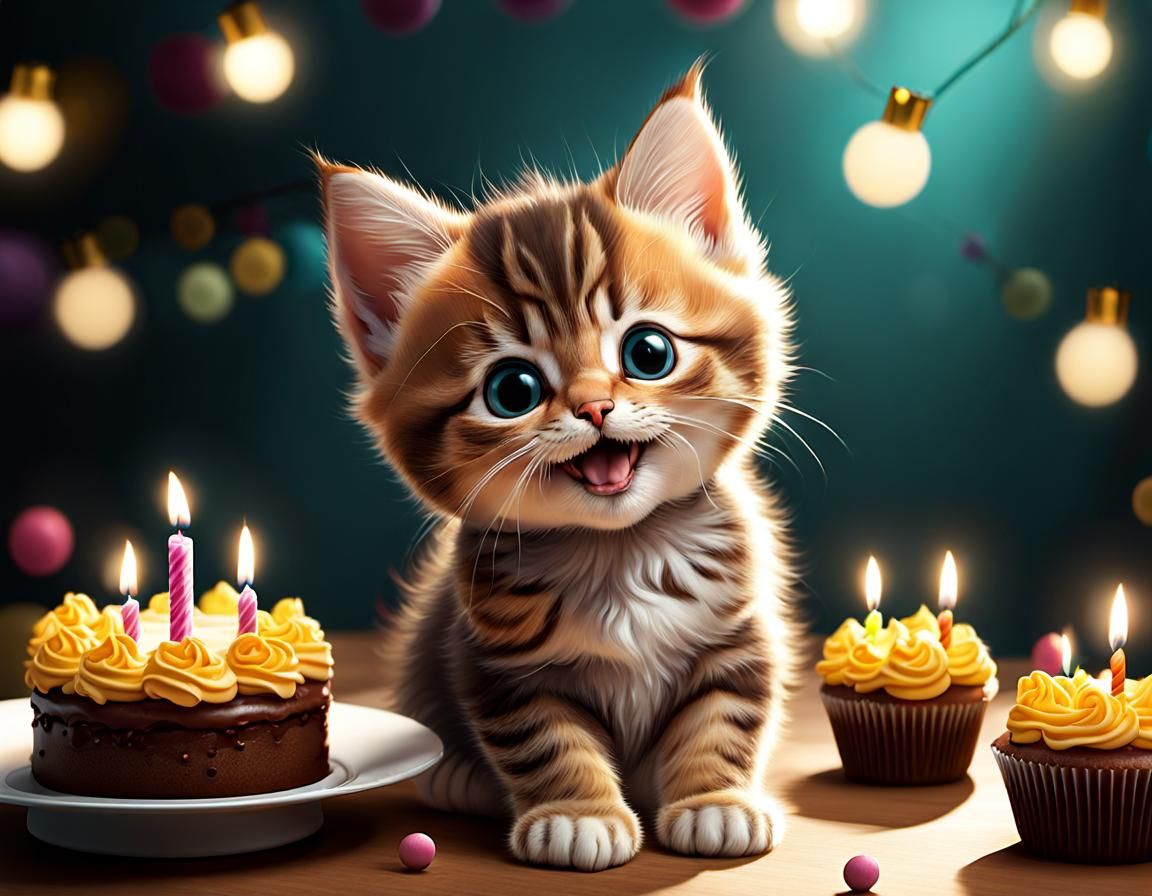 Happy Birthday Kitten in Detailed Comic Style