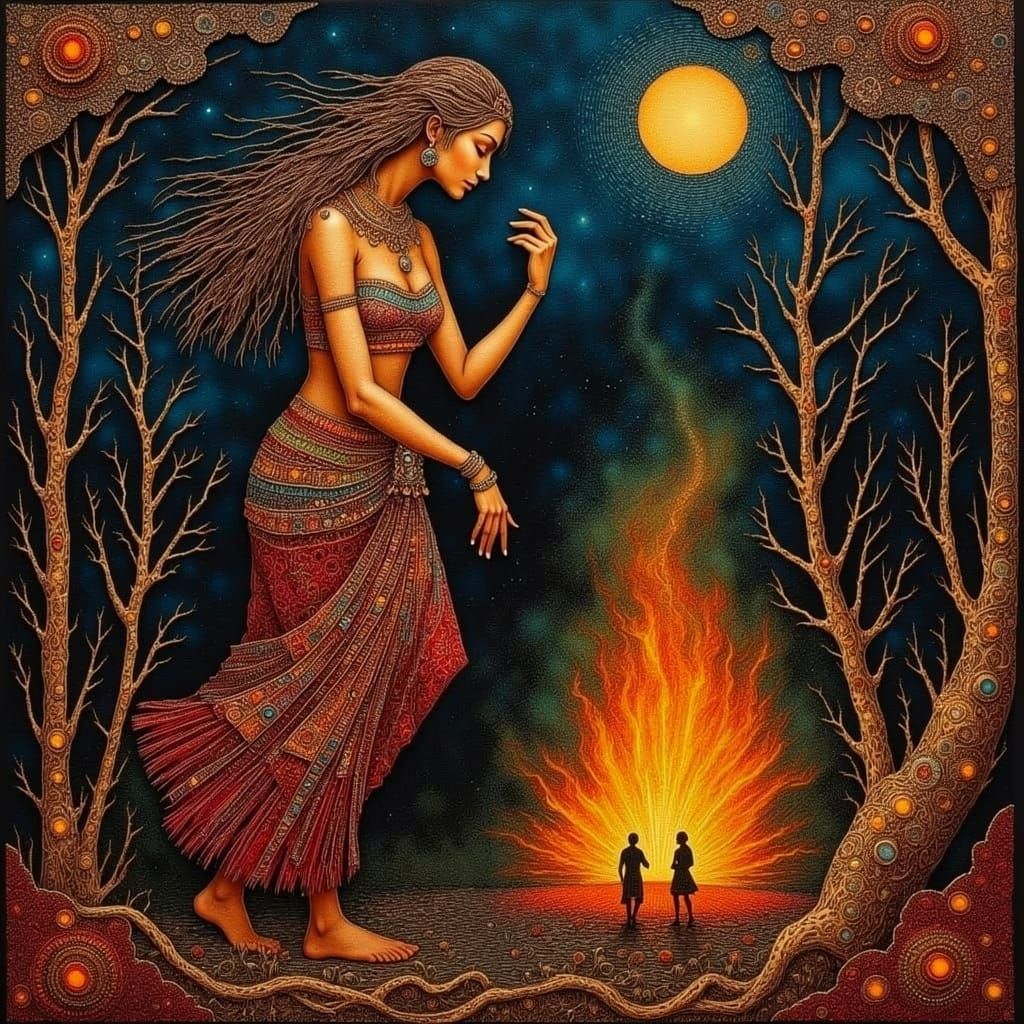 A tan skinned indigenous woman dancing by the bonfire at night. Extraordinary intricate details Fine line String Art tap...