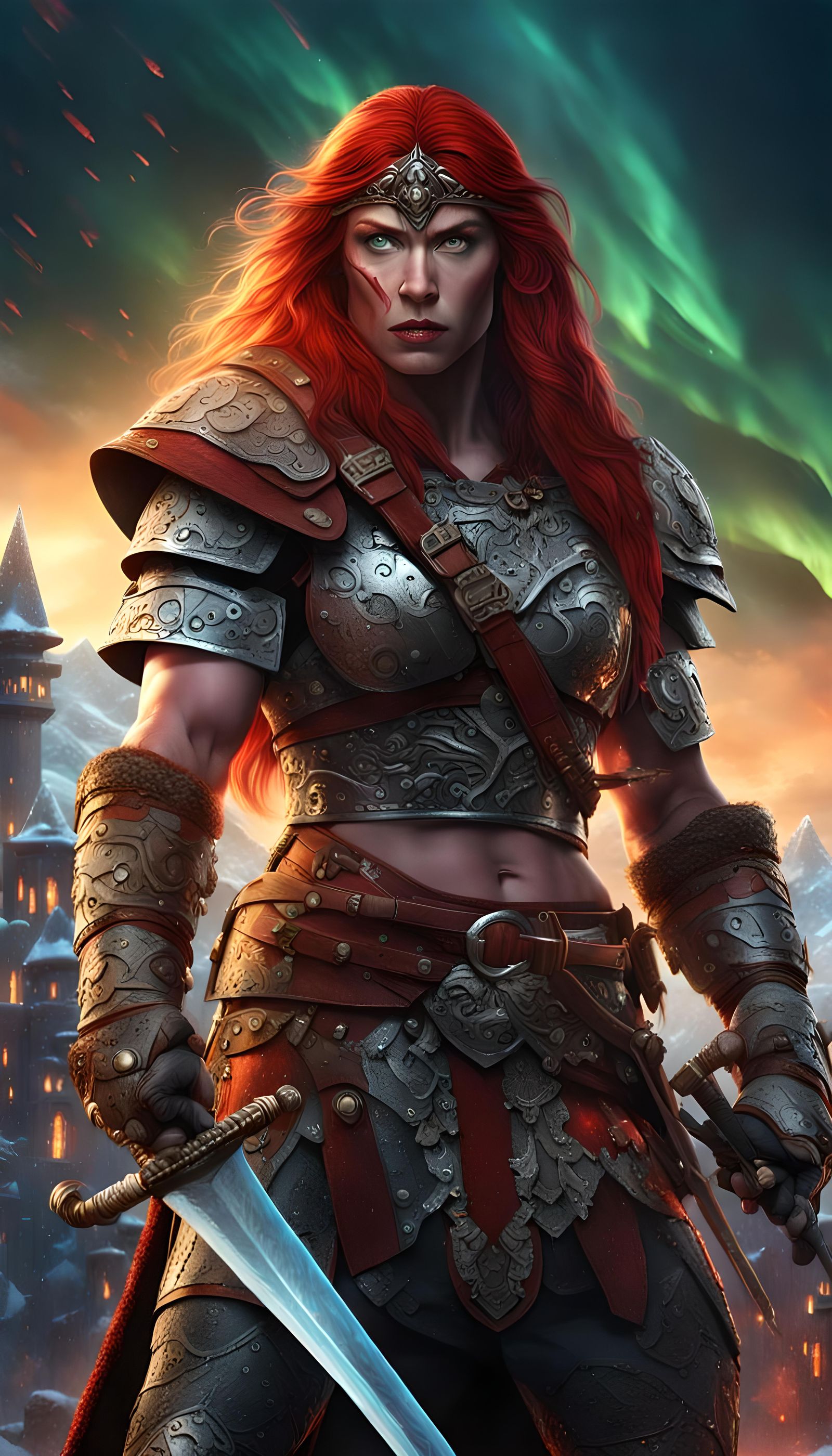 Red Sonja, Barbarian Warrior with Sword and Castle