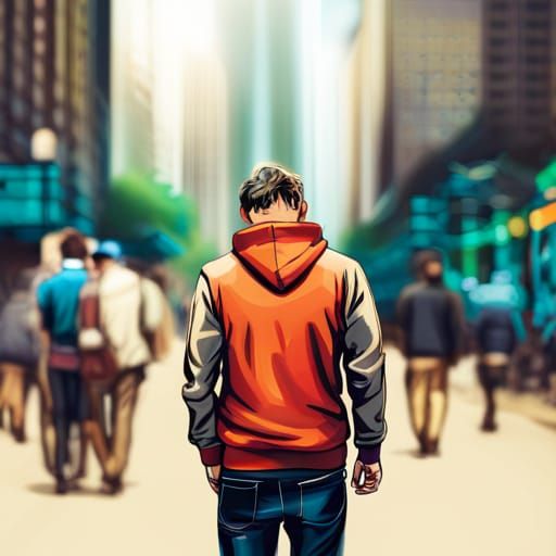 Man in Hoodie Walking City Street, Comic Art