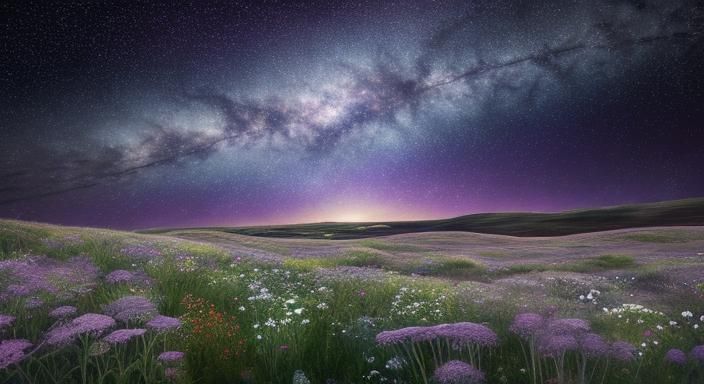 Surreal Landscape with Starry Vortex and Wildflowers