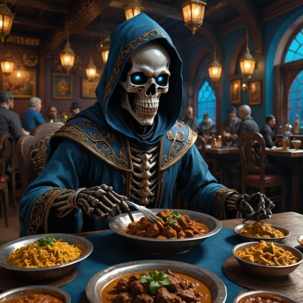 Grim Reaper Enjoys Curry: Hyperrealistic Digital Art