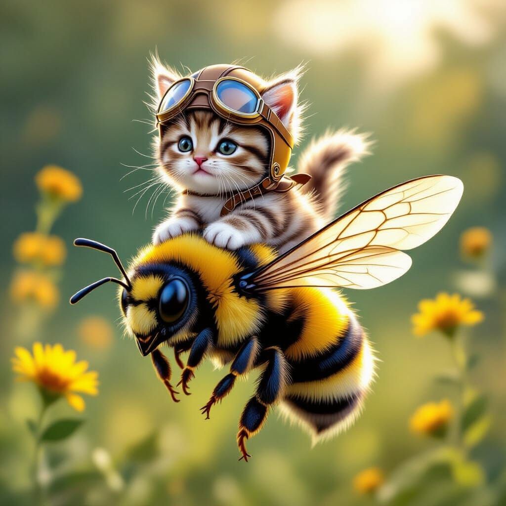 Fluffy Kitten Rides Bumblebee in Whimsical Fantasy Art