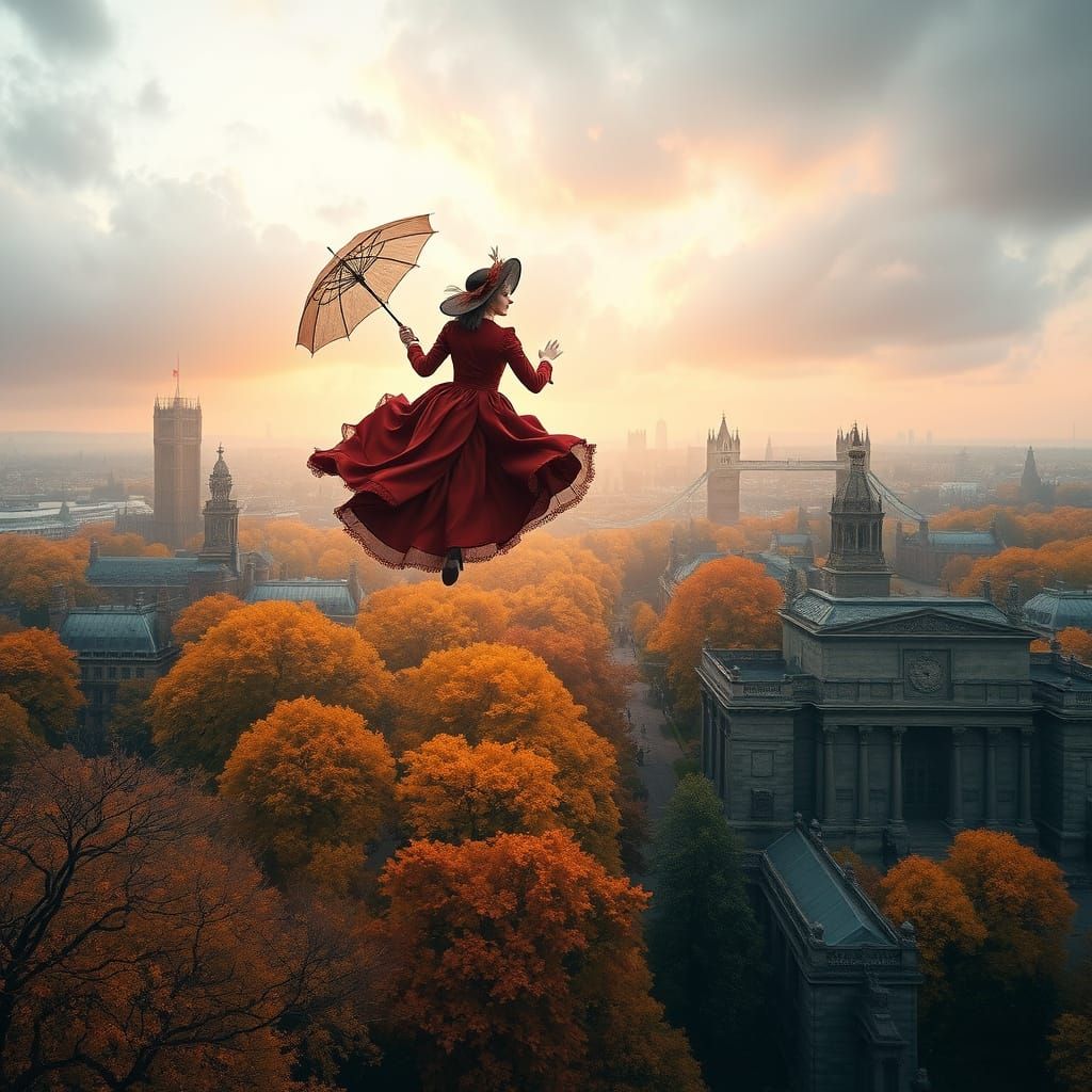 Victorian Lady Flies Over London in Autumn