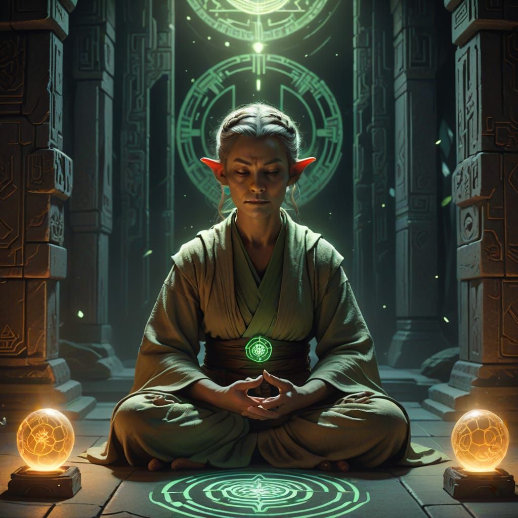 Jedi Master Meditates With Glowing Holocron