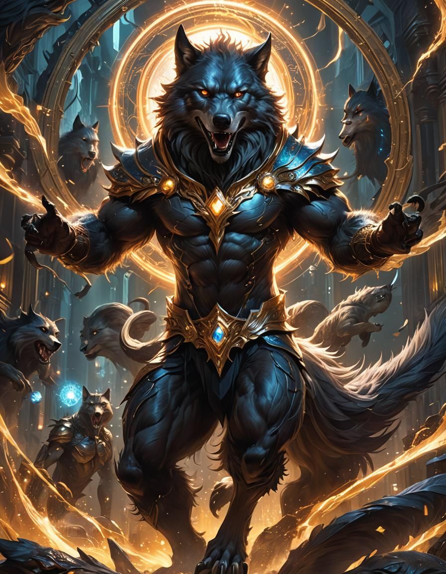 Powerful Werewolf with Swirling Magic, Hyperrealistic Art