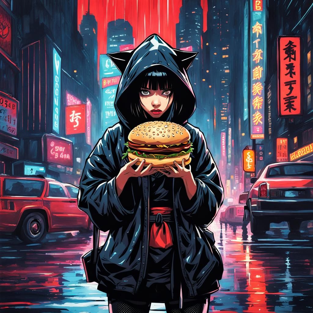 Crying Ninja Girl with Cat in Cyberpunk New York