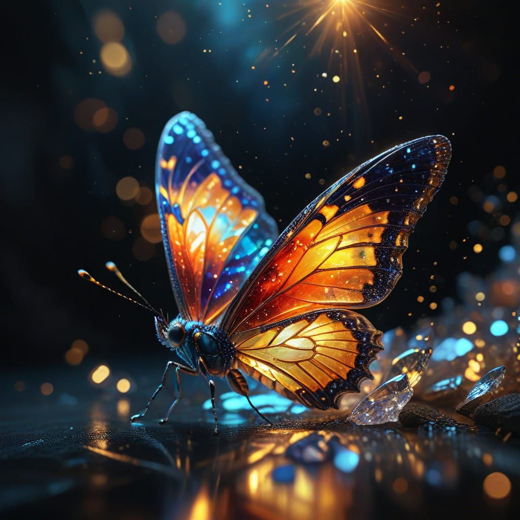 Iridescent Butterfly on Crystal in Golden Hour Light