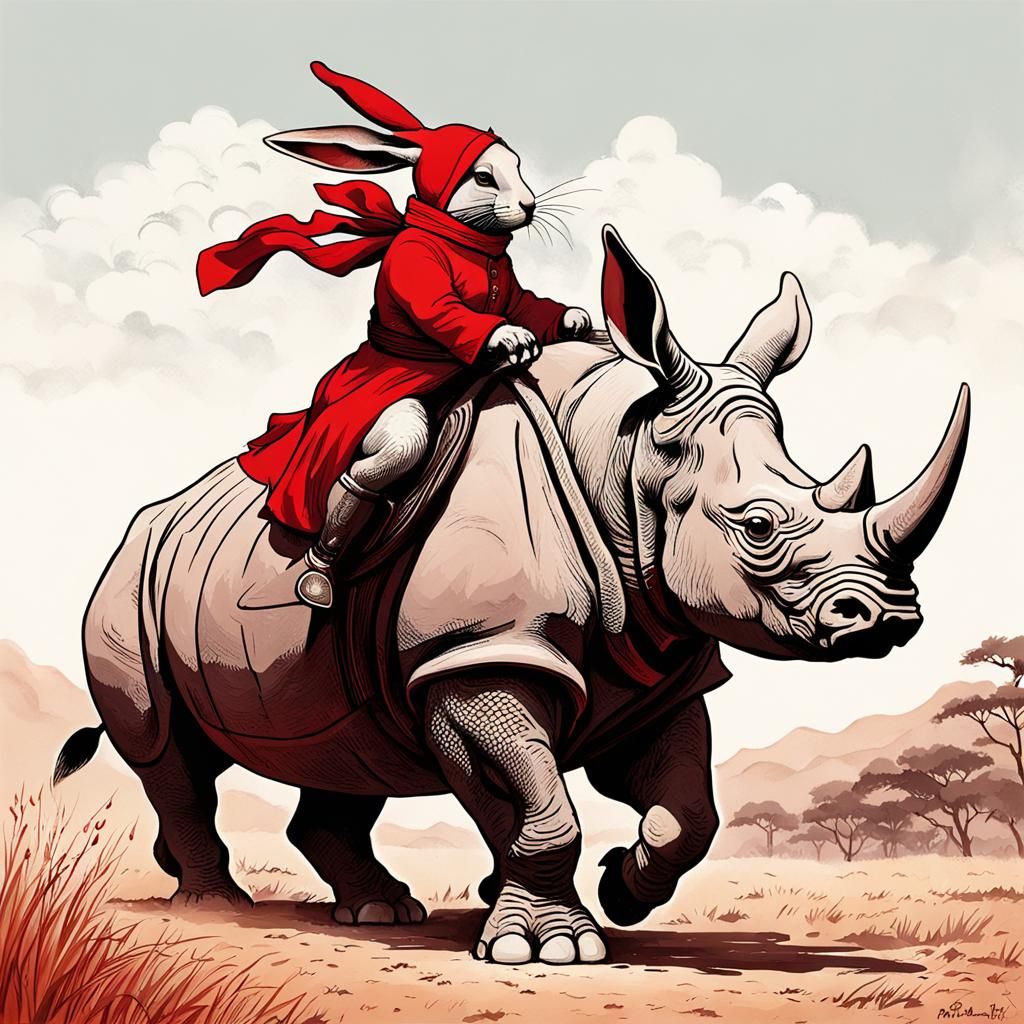 Romantic Red Rabbit Riding a Rhino