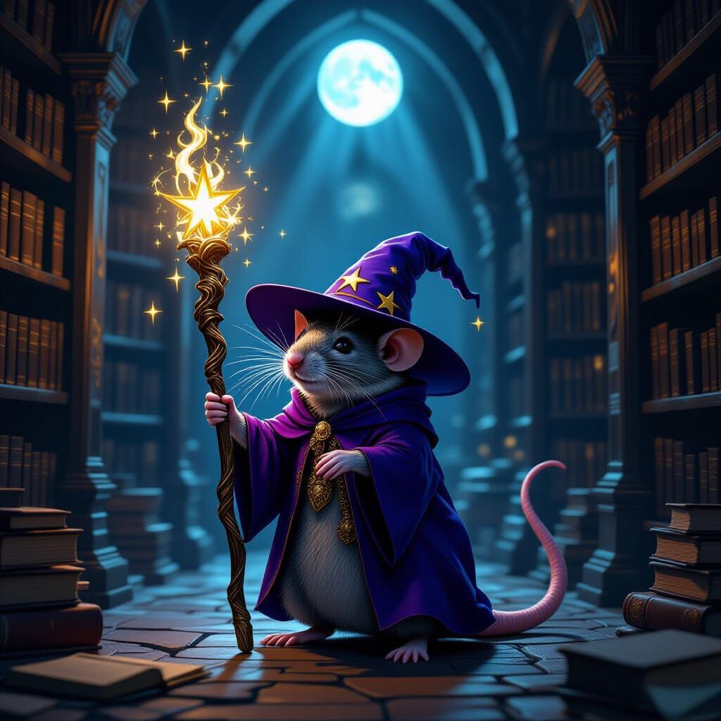 Wise Rat Wizard with Glowing Staff in Ancient Library