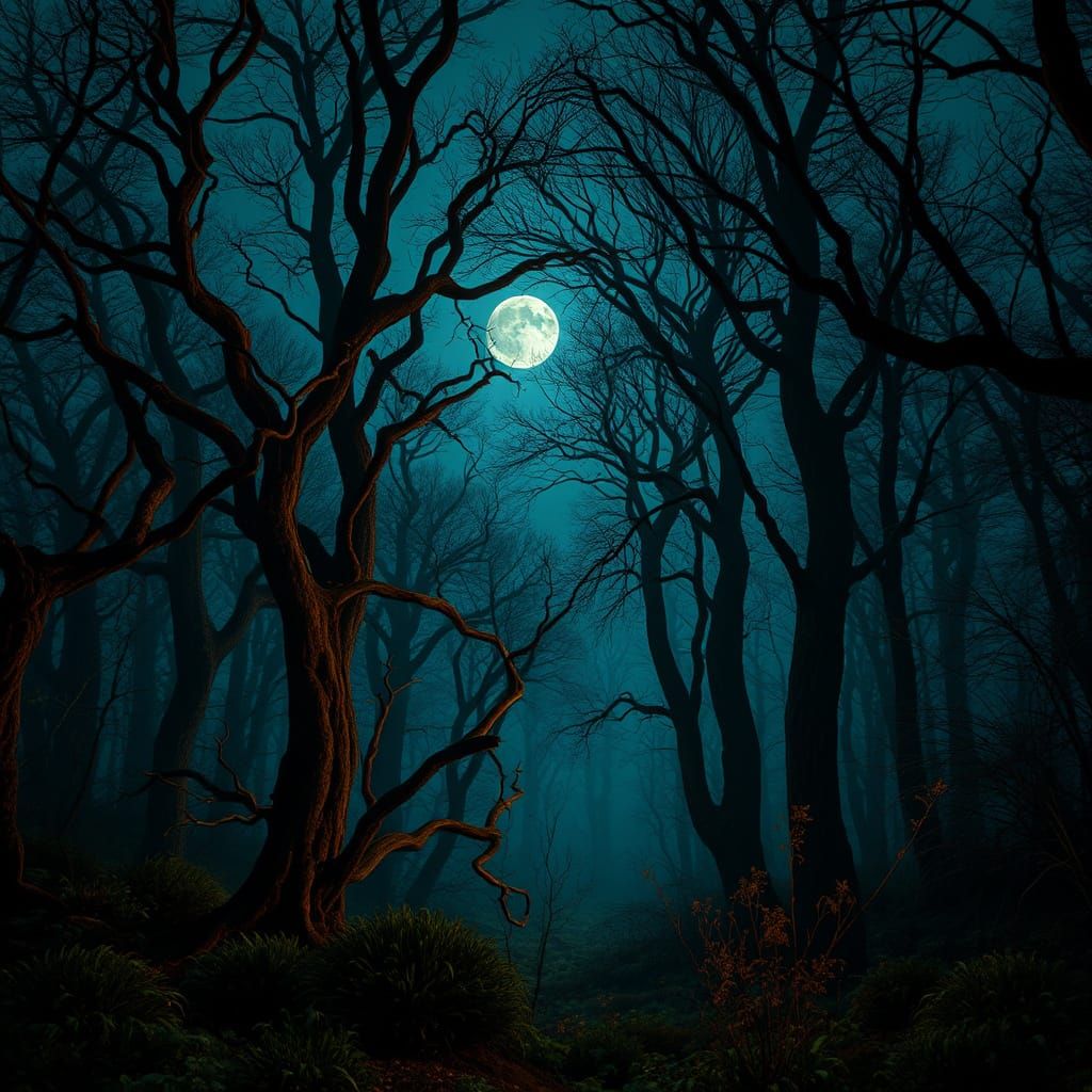 Ethereal Nighttime Forest Scene in Hyperrealistic HDR