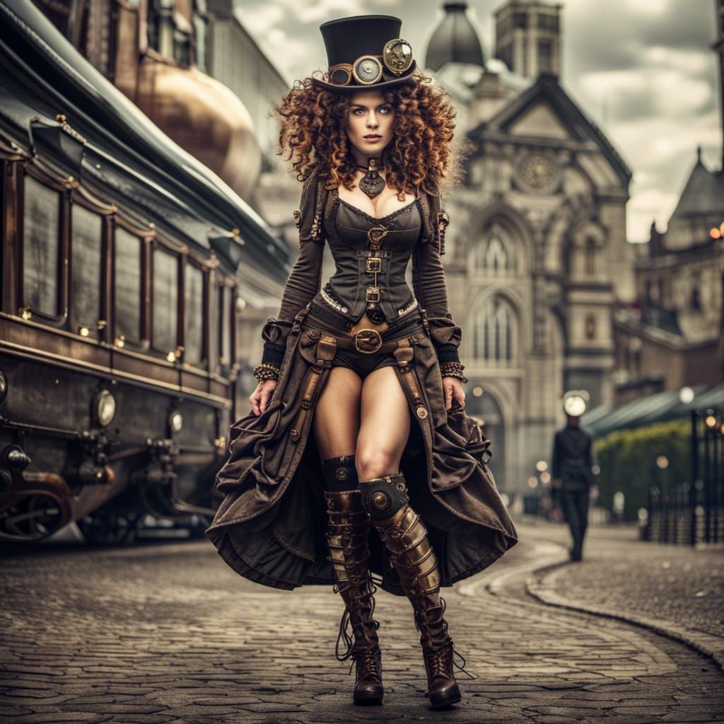 Steampunk Curly Haired Woman on Footpath