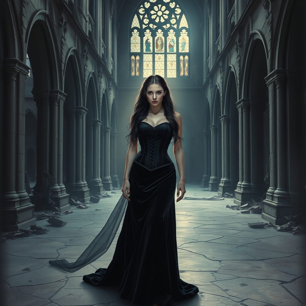 Gothic Woman in Ruined Cathedral at Twilight