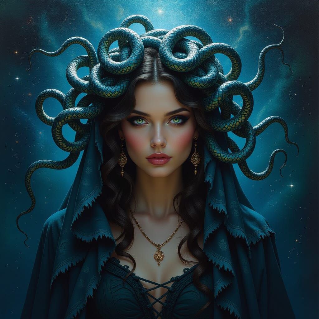 Medusa in Starry Void: An Oil Painting