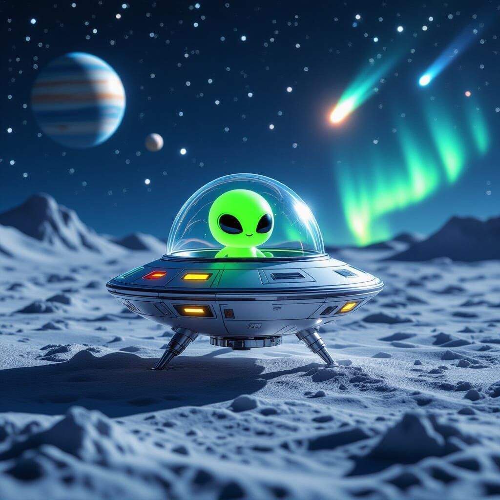 Miniature Alien Spaceship on the Moon in Hyperrealism