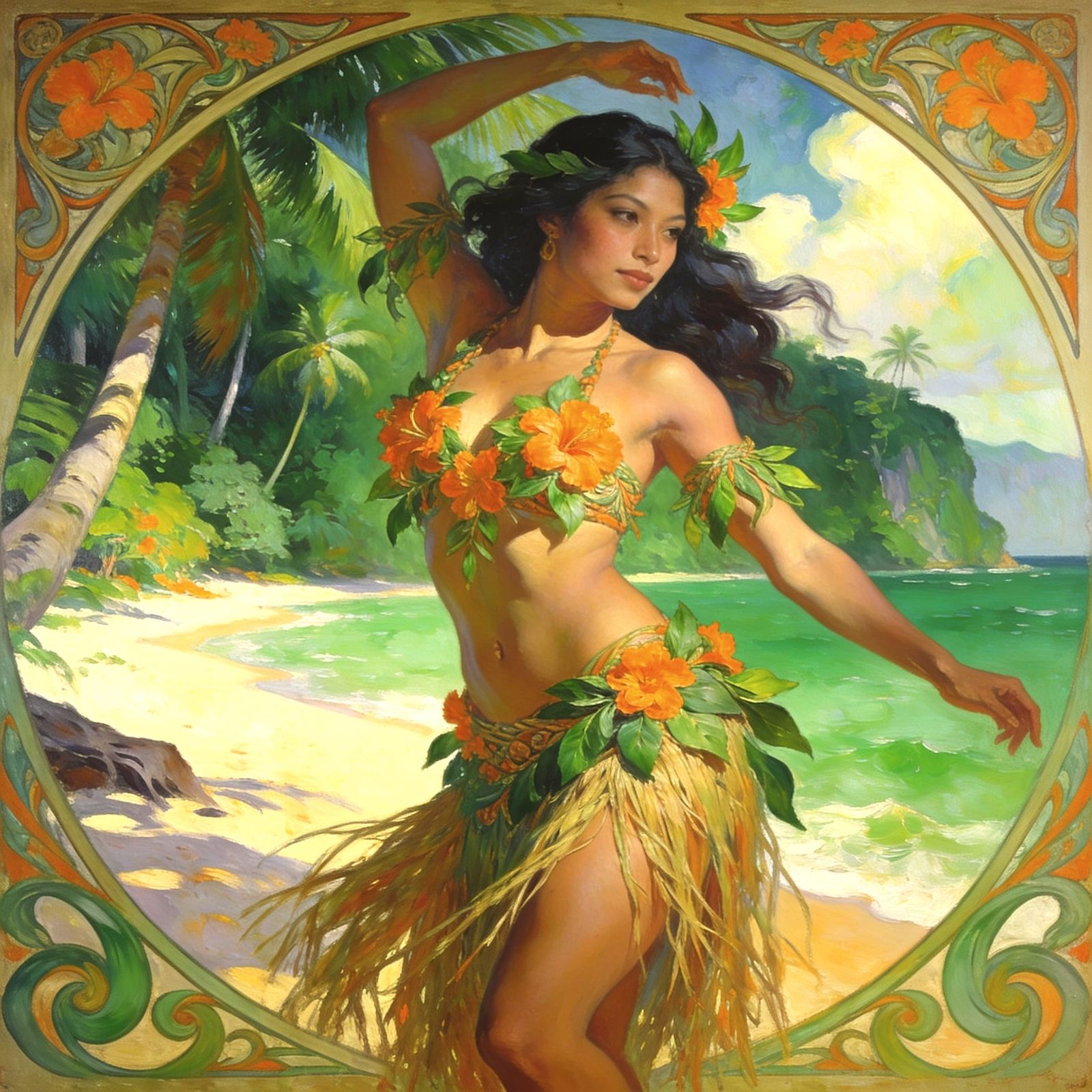 Surreal Oil Painting of a Polynesian Woman Blended with Trop...