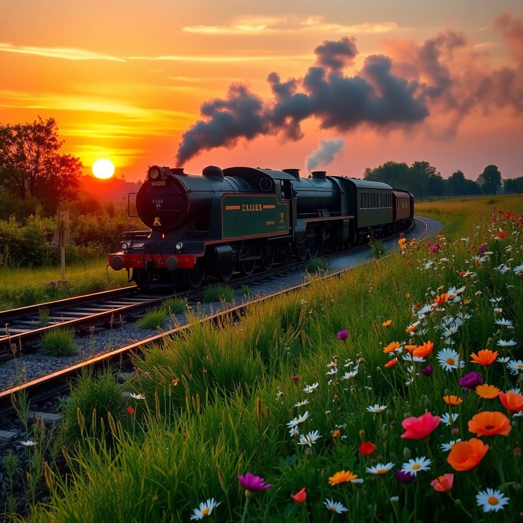 Vintage Locomotive Speeds Down Railway Tracks at Sunset