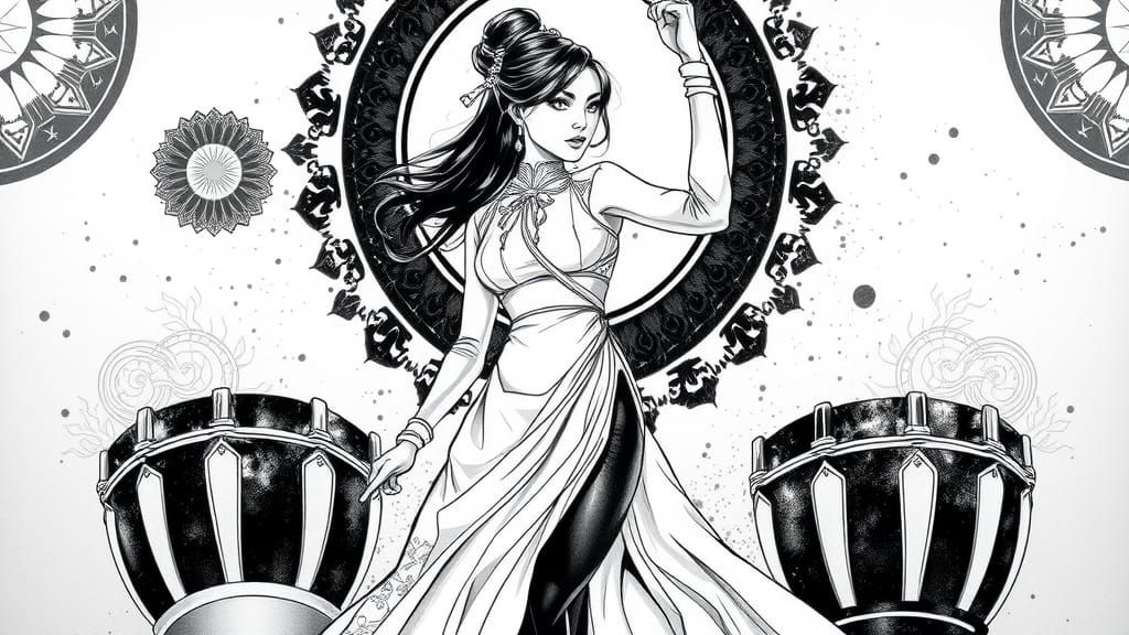 Vietnamese Superheroine in Dynamic Ao Dai Ink Drawing