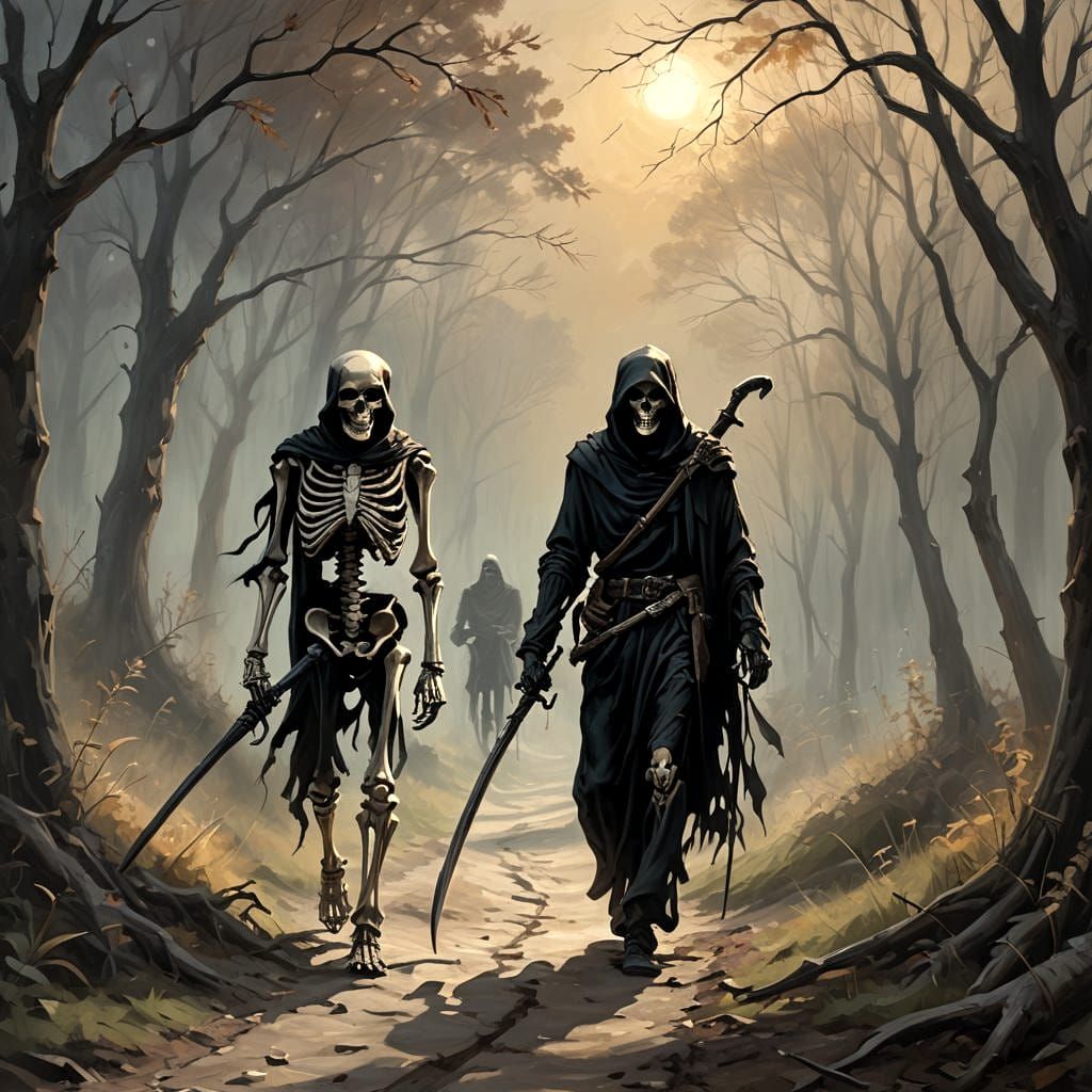 Skeleton and Grim Reaper Strolling at Sunset