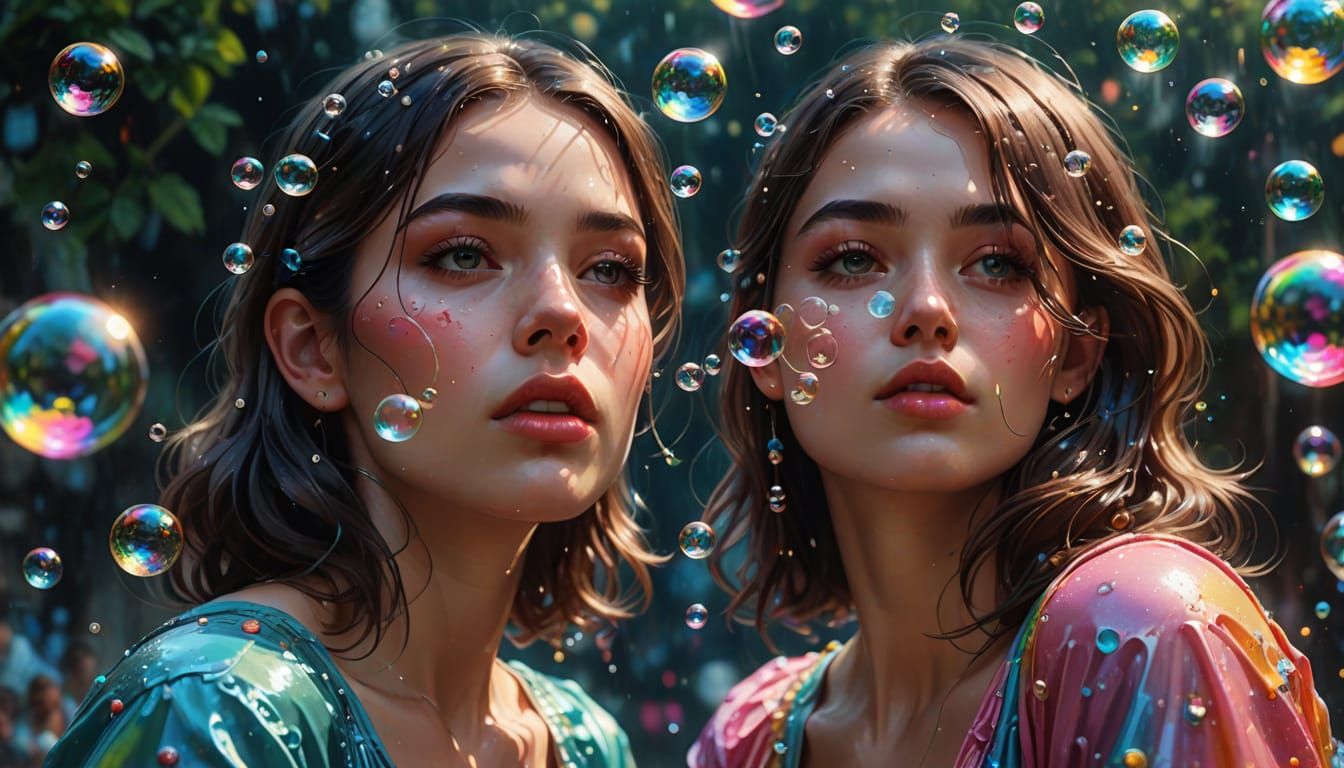 Girl Blowing Soap Bubbles with Miniature Scenes