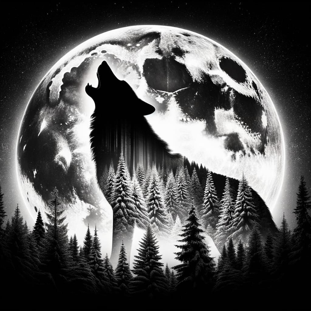 Majestic Wolf in Snowy Forest, Double Exposure in Black and ...