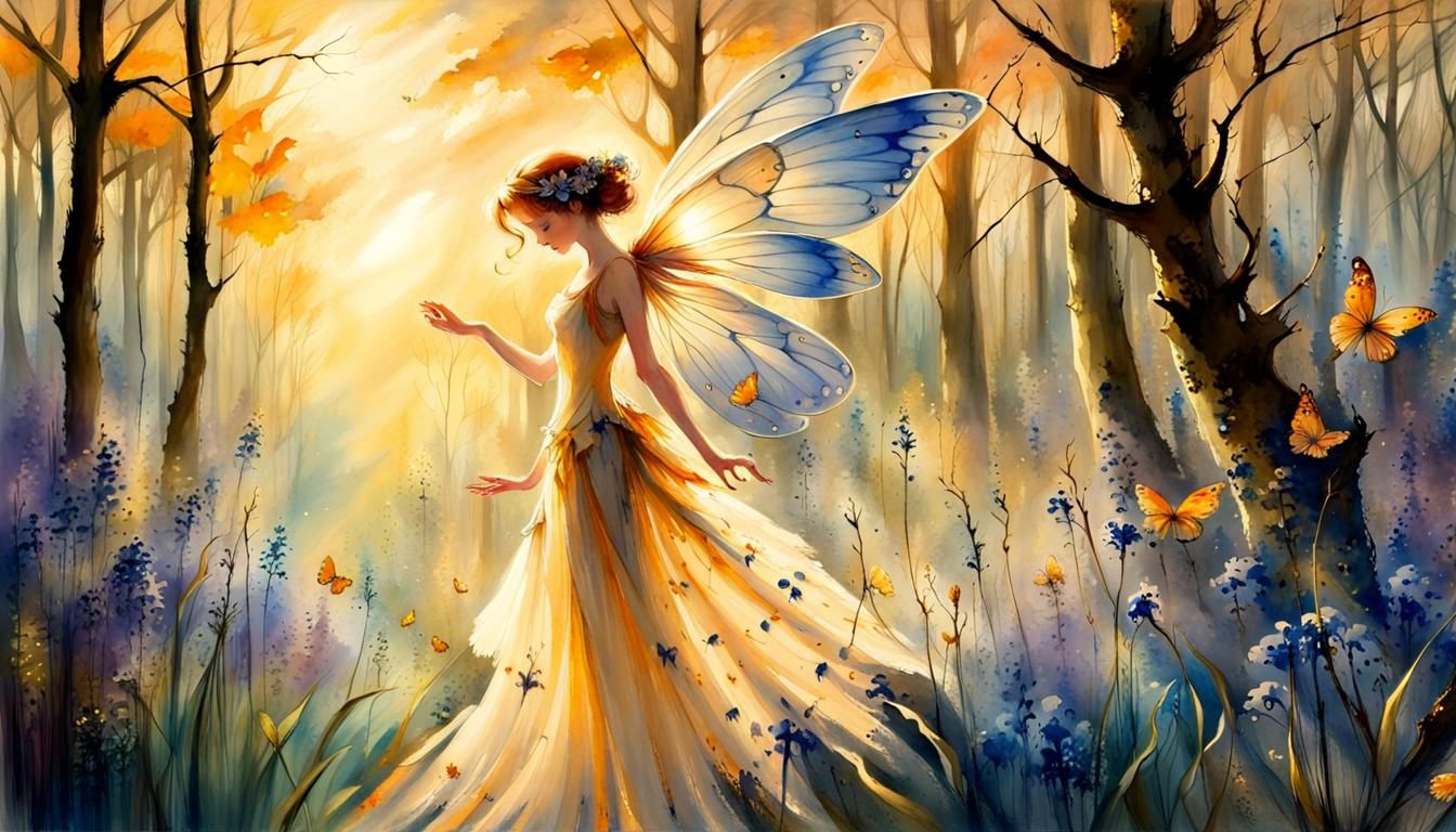 Flower Fairy in Spring Forest Watercolor