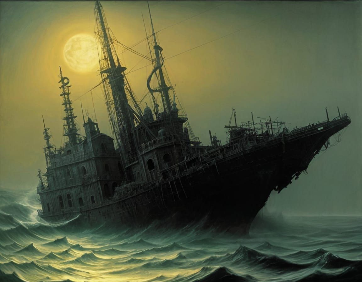Ghost Ship in Dark Surreal Night