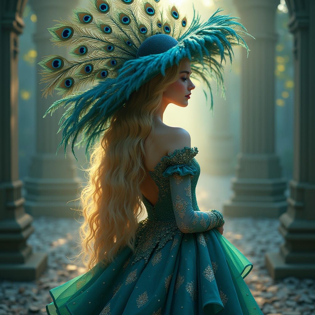 Elegant Lady in Peacock Feather Hat, Opulent Blue and Green...