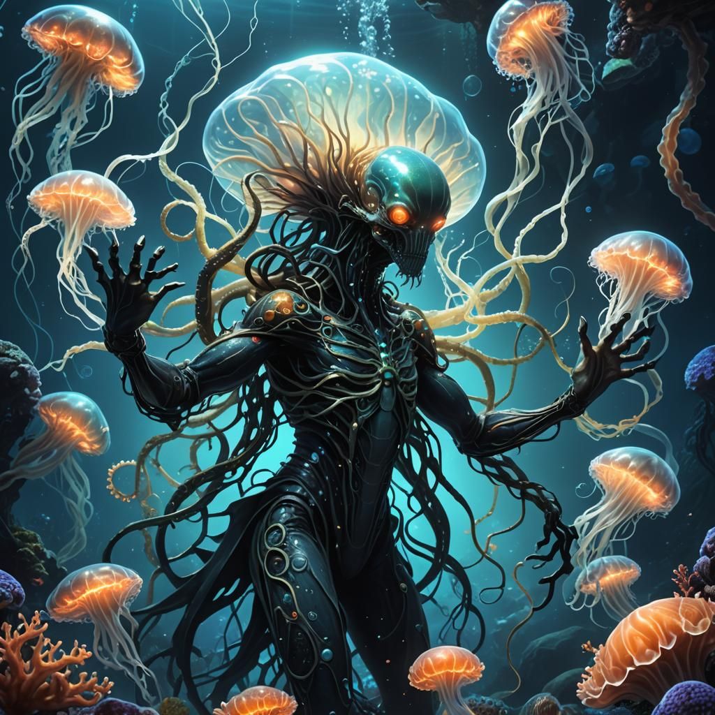 Serpentine Alien in Glowing Underwater World