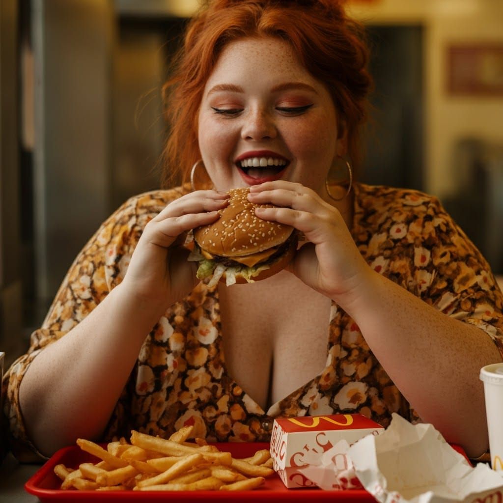 Joyful Redhead Savoring Burger in Retro Diner