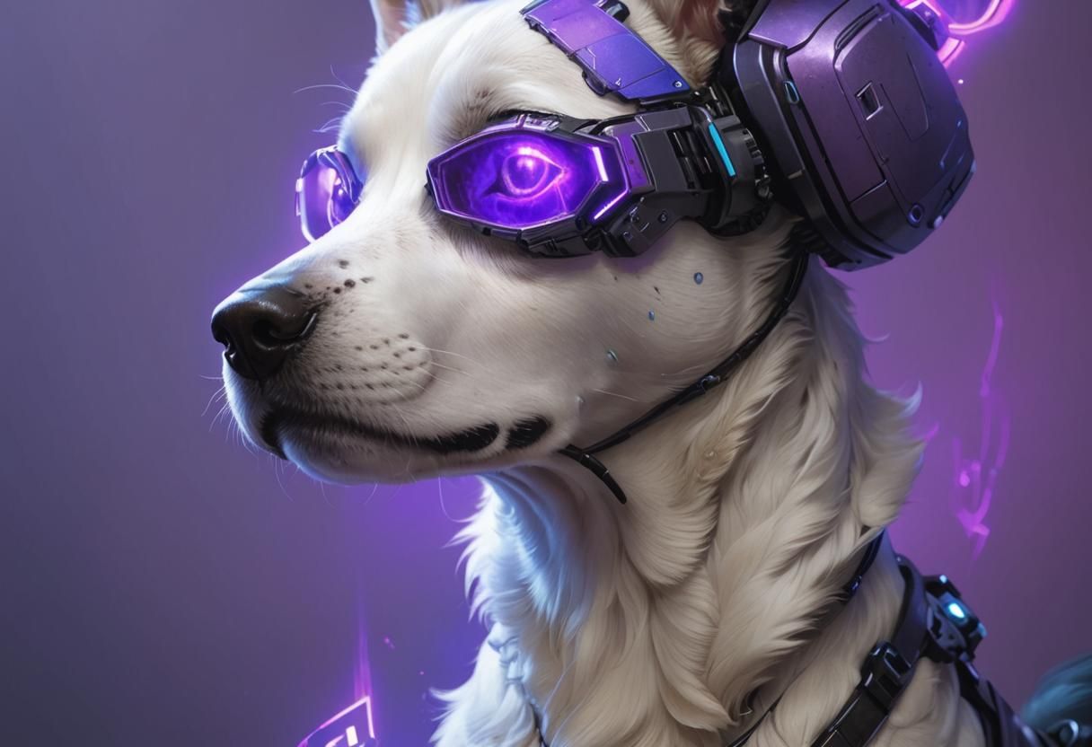 Cyberpunk Dog Portrait in Purple and Blue
