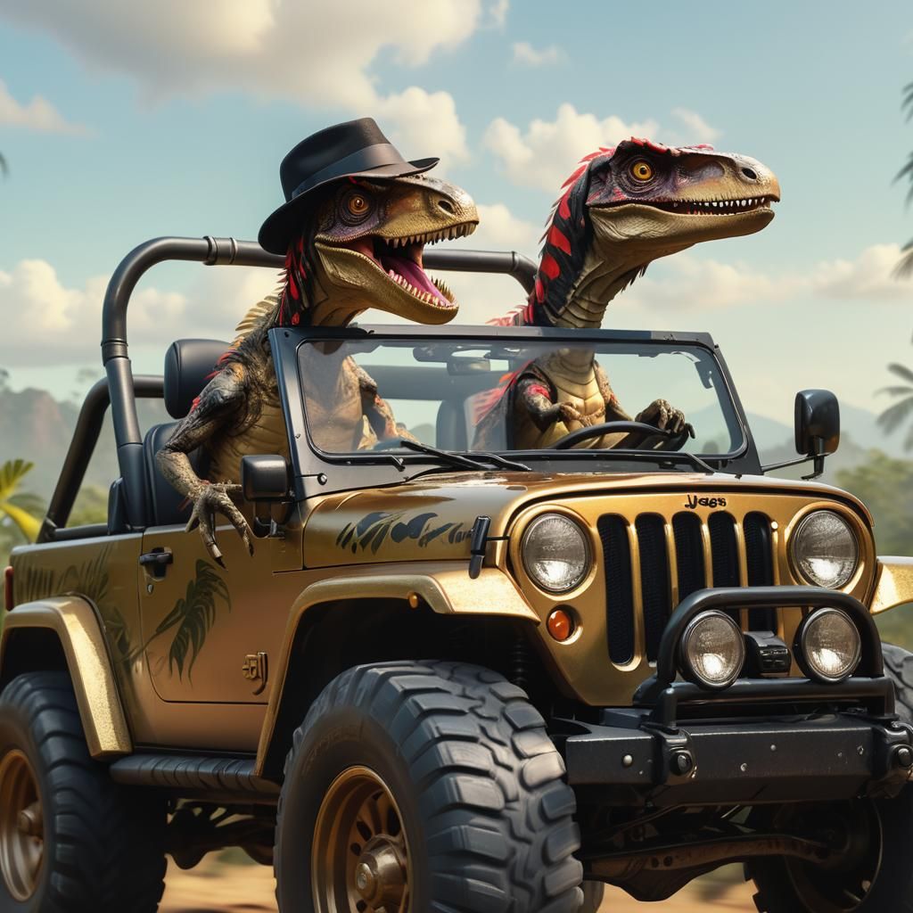 Velociraptors in a Jeep: Stylized Concept Art