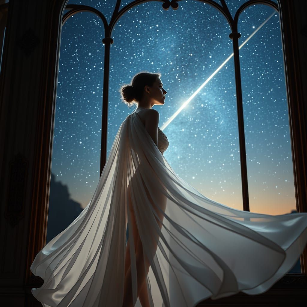 Serene Woman Silhouetted Against Starry Night Sky in Whimsic...