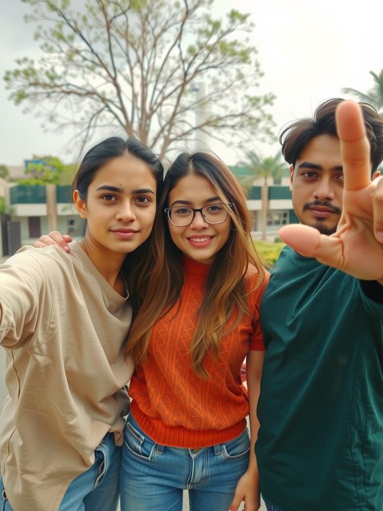 Slightly Blurry Outdoor Photo of Three Friends Posing