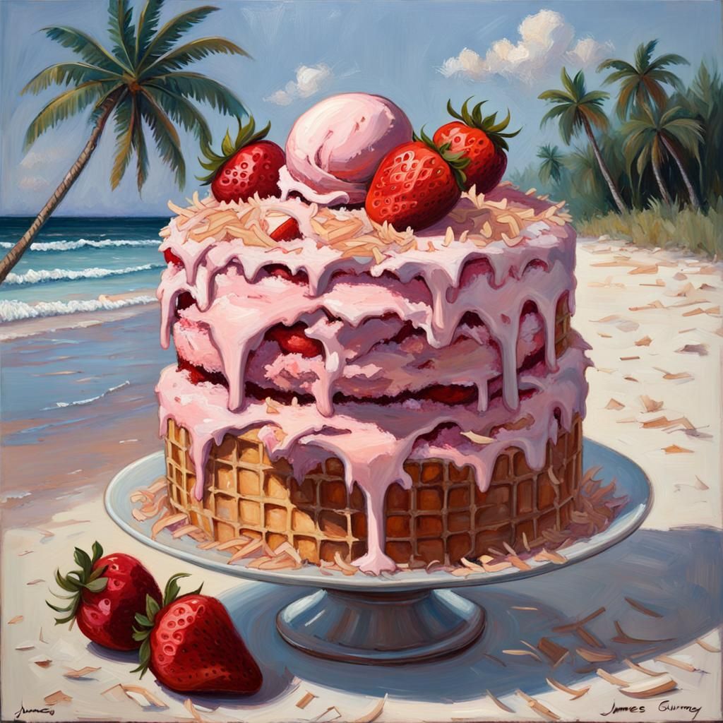 Strawberry ice cream with shredded coconuts layered cake